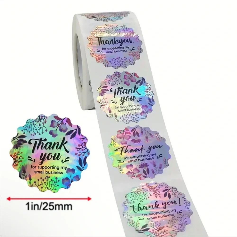 Roll of 500 Pink Floral Foil Thank You for Supporting my Small Business Stickers